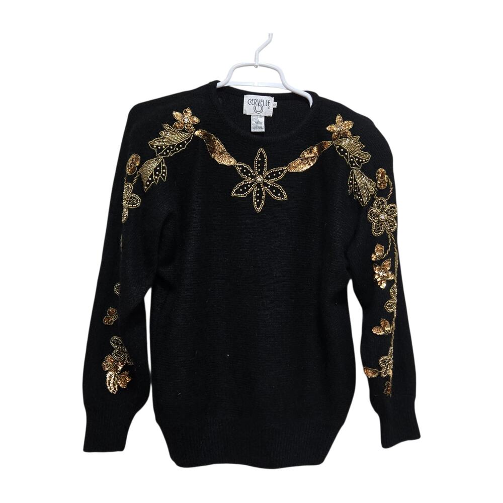 Cervelle Vintage Black Gold Beaded Angora Sweater Small